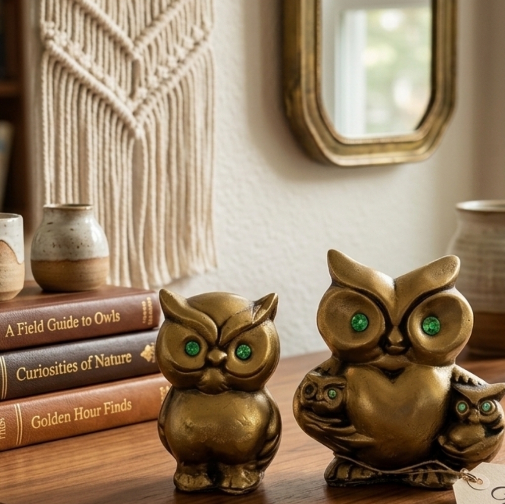Vintage Ceramic Owls Crazy Eyes Brown Mom & Babies Set Of 2